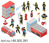 Fire Department Isometric Icons Set . Fire department isometric icons set with  firefighters engaged in extinguishing of burning building and saving people vector illustration  . Стоковая иллюстрация, агентство Ingram Publishing / Фотобанк Лори