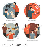 Allergic Design Icon Set. Colored flat and isolated allergic design icon set with allergy to animals pollen and food allergies and prophylaxis descriptions vector illustration. Стоковая иллюстрация, агентство Ingram Publishing / Фотобанк Лори