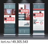Rollup Infographic Banners Set. Rollup banners template set with three isolated vertical roll bending infographical stands with diagrams text captions vector illustration. Стоковая иллюстрация, агентство Ingram Publishing / Фотобанк Лори