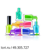 Nail Polish Composition. Realistic composition of colorful flourescent nail polishes on white background vector illustration. Стоковая иллюстрация, агентство Ingram Publishing / Фотобанк Лори