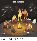 Primal Tribe People Illustration. Primal tribe people with cave painting symbols flat vector ilustration. Стоковая иллюстрация, агентство Ingram Publishing / Фотобанк Лори