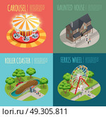 Amusement Park Concept Icons Set. Amusement park concept icons set with haunted house and carousel symbols isometric isolated vector illustration . Стоковая иллюстрация, агентство Ingram Publishing / Фотобанк Лори