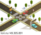 City Intersection Traffic Navigation Isometric View. City suburb crossroads navigation isometric view with traffic boards pedestrian zebra crossing and cars vector illustration . Стоковая иллюстрация, агентство Ingram Publishing / Фотобанк Лори