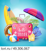 Summer Beach Vacation Background Poster. Summer tropical island beach resort vacation advertisement background poster with surfboard luggage suncream and bikini vector illustration . Стоковая иллюстрация, агентство Ingram Publishing / Фотобанк Лори