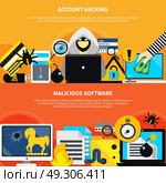 Malicious Software And Account Hacking Horizontal Banners . Hacking two horizontal banners with malicious software and account hacking design compositions flat vector illustration. Стоковая иллюстрация, агентство Ingram Publishing / Фотобанк Лори