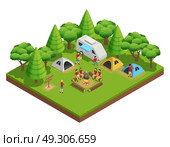 Hiking Isometric Composition. Hiking isometric composition with group of people who camped in the woods and sit around the campfire next to tents vector illustration. Стоковая иллюстрация, агентство Ingram Publishing / Фотобанк Лори