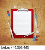 Doctors Notebook Medical Composition. Composition with realistic medical tools syringe lancet pills and blank doctors notepad page on grunge background vector illustration. Стоковая иллюстрация, агентство Ingram Publishing / Фотобанк Лори