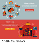 Shoeing Horses Forgings Banners. Two horizontal blacksmith banners with hammerwork and forging icons editable text description and read more button vector illustration. Стоковая иллюстрация, агентство Ingram Publishing / Фотобанк Лори