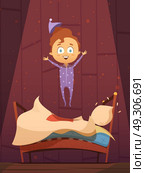 Unruly Kid In Pajamas Jumping On Unmade Bed. Unruly cartoon preschool kid in pajamas jumping on unmade bed flat retro vector illustration. Стоковая иллюстрация, агентство Ingram Publishing / Фотобанк Лори