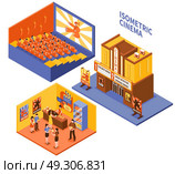 Cinema Isometric Compositions Set. Collection of cinema isometric compositions with viewers in auditorium visitors in foyer and entrance in movie theatre vector illustration . Стоковая иллюстрация, агентство Ingram Publishing / Фотобанк Лори