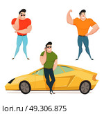 Three Brutal Brunet Macho . Flat design composition with three brutal  brunet macho showing large muscles flat cartoon vector illustration. Стоковая иллюстрация, агентство Ingram Publishing / Фотобанк Лори
