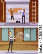 Street Artists Cartoon Horizontal Banners . Street artists cartoon horizontal banners with girls spraying paint on blinds and young man blowing bubbles flat vector illustration  . Стоковая иллюстрация, агентство Ingram Publishing / Фотобанк Лори