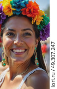 A close-up of a woman face adorned with a traditional Mexican floral crown, her expression filled with pride as she dances during Cinco de Mayo, Independence Day, Fiesta and festival. Стоковое AI-видео, аниматор Sergey Grishin / Фотобанк Лори