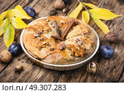 strudel with plum. Plum strudel on a background with autumn leaves. Стоковое фото, агентство Ingram Publishing / Фотобанк Лори