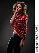 Elegant, sensual woman wearing a checked shirt. Стоковое фото, агентство Ingram Publishing / Фотобанк Лори