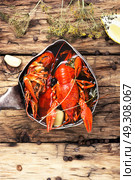 tasty seafood shellfish served in metal pot. boiled shellfish in pan. Стоковое фото, агентство Ingram Publishing / Фотобанк Лори