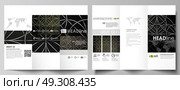 Tri-fold brochure business templates on both sides. Easy editable vector layout in flat design. Celtic pattern. Abstract ornament, geometric vintage texture, medieval classic ethnic style.. Tri-fold brochure business templates on both sides. Easy editable vector layout in flat design. Celtic pattern. Abstract ornament, geometric vintage texture, medieval classic ethnic style. Стоковая иллюстрация, агентство Ingram Publishing / Фотобанк Лори