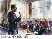 A detailed watercolor painting of a man standing and delivering a speech to an unseen audience, portraying passion and confidence in his gestures and expression. Стоковое AI-изображение, AI-художник Данила Большаков / Фотобанк Лори