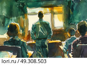 A courtroom scene with a group of individuals sitting and waiting. Lawyers, judges, and defendants are present, creating a tense atmosphere. Стоковое AI-изображение, AI-художник Данила Большаков / Фотобанк Лори