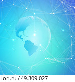 Abstract futuristic background with connecting lines and dots, polygonal linear texture. World globe on blue. Global network connections, geometric design, technology digital concept.. Abstract futuristic background with connecting lines and dots, polygonal linear texture. World globe on blue. Global network connections, geometric design, technology digital concept. Стоковая иллюстрация, агентство Ingram Publishing / Фотобанк Лори