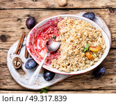 crumble dessert with plum. traditional pie crumb pastry with a plum. Стоковое фото, агентство Ingram Publishing / Фотобанк Лори