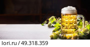 Mug of beer with foam on table with hops at dark background , front view, banner. Стоковое фото, агентство Ingram Publishing / Фотобанк Лори