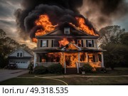 A house in flames, emitting thick smoke as it burns down, creating a dangerous situation. Стоковое AI-изображение, AI-художник Данила Большаков / Фотобанк Лори