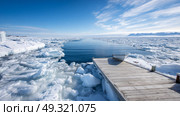 Frozen-over boat dock on icy Arctic coastline. Life in permafrost conditions, climate change problems on the planet. Global warming. Стоковое AI-изображение, AI-художник ALLA YURTAYEVA / Фотобанк Лори