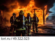 A team of firefighters in full gear standing united in front of blazing fire, poised to tackle inferno with determination and expertise. Стоковое AI-изображение, AI-художник Данила Большаков / Фотобанк Лори