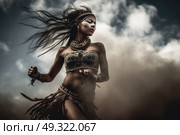 A woman wearing a costume is gracefully dancing in mid-air, showcasing agility and elegance. Стоковое AI-изображение, AI-художник Данила Большаков / Фотобанк Лори