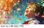 A young boy stands with his mouth open as confetti falls around him, capturing a moment of surprise and joy. Стоковое AI-изображение, AI-художник Данила Большаков / Фотобанк Лори