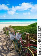 Tulum Caribbean beach bicycles in Riviera Maya of Mayan Mexico. Стоковое фото, агентство Ingram Publishing / Фотобанк Лори