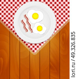 White Plate with Fried Eggs on Kitchen Napkin at Wooden Boards Background Vector Illustration EPS10. o2016-04-14-03. Стоковая иллюстрация, агентство Ingram Publishing / Фотобанк Лори