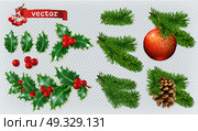 Christmas decorations. Holly, spruce, red berries, christmas bauble, conifer cone. 3d realistic vector icon set. Стоковая иллюстрация, агентство Ingram Publishing / Фотобанк Лори