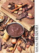 Delicious melted chocolates and spices. Cup with melted hot chocolate, cocoa beans, nuts and spices. Стоковое фото, агентство Ingram Publishing / Фотобанк Лори