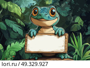 Cartoon frog with blank signboard in jungle background illustration for children. Back to school concept. Мультяшная лягушка с пустой вывеской на фоне джунглей - иллюстрация для детей. Концепция возвращения в школу. Стоковое AI-изображение, AI-художник Katsiaryna Repich / Фотобанк Лори