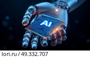 A robotic hand grasping AI chip technology, illustrating the fusion of robotics and advanced computing capabilities. Стоковое AI-изображение, AI-художник Anastasy Yarmolovich / Фотобанк Лори