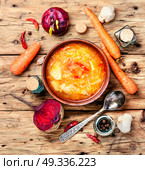 Ukrainian national borshch. food of national Ukrainian cuisine. Borscht with meat and vegetables. Стоковое фото, агентство Ingram Publishing / Фотобанк Лори