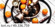 Nargile with mandarin. Smoking smoking shisha in east style with tobacco aroma of mandarin. Стоковое фото, агентство Ingram Publishing / Фотобанк Лори