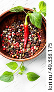 Different kinds of peppercorns.. Black,red and white pepper in clay bowl.Set of different peppers. Стоковое фото, агентство Ingram Publishing / Фотобанк Лори