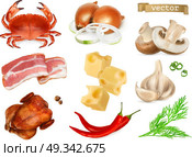 Food flavors and seasonings for snacks, natural additives, spice and other taste in cooking. Crab, bacon, chicken, onion, cheese, pepper, mushrooms, dill, garlic, 3d realistic vector icon set. Стоковая иллюстрация, агентство Ingram Publishing / Фотобанк Лори