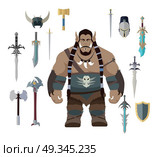 Orc Game Set. Orc with different weapons. Set of warrior with different weapons and armors. Game set. Stylized fantasy character. Game object in flat design isolated on white background. Vector illustration. Стоковая иллюстрация, агентство Ingram Publishing / Фотобанк Лори
