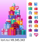 Set of gift boxes vector. Stack of presents in various bright, striped, spotted boxes tied colored ribbons. Beautifully wrapped surprise. Illustration for decoration, event management companies ad. . Set of Colorful Gift Boxes Vector Illustrations . Стоковая иллюстрация, агентство Ingram Publishing / Фотобанк Лори