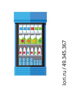 Showcase Refrigerator Drinks. Blue showcase refrigerator for cooling drinks in bottles. Different colored bottles in blue drinks fridge. Fridge dispenser cooling machine. Isolated object in flat design on white background. Стоковая иллюстрация, агентство Ingram Publishing / Фотобанк Лори