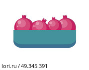Pomegranates in tray vector in flat style design. Grocery store assortment, foods for diet, fresh fruits concept. Illustration for icons, signboards, ad, infographics design. Isolated on white.. Pomegranates in Tray Flat Design Illustration.  . Стоковая иллюстрация, агентство Ingram Publishing / Фотобанк Лори