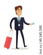 Businessman character vector. Cartoon in flat style design. Smiling man in suite with baggage and tickets. Illustration for business trip concepts, icons, infographics. Isolated on white background.. Businessman Character Vector Illustration. Стоковая иллюстрация, агентство Ingram Publishing / Фотобанк Лори