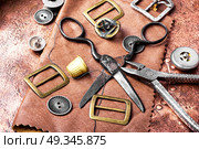 Tools for leather craft. Working tools and cut out pieces of leather. Стоковое фото, агентство Ingram Publishing / Фотобанк Лори