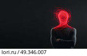 A person wrapped in red threads, symbolizing anxiety and emotional entanglement.Человек, обмотанный красными нитями, символизирующий беспокойство и эмоциональную запутанность. Стоковое AI-изображение, AI-художник Katsiaryna Repich / Фотобанк Лори