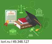 Lawyers Licence, Books on Law and Academic Hat. Lawyers licence, books on law and academic hat vector illustrations. Old scales, judges hammer, ancient building and classic briefcase silhouettes. Стоковая иллюстрация, агентство Ingram Publishing / Фотобанк Лори