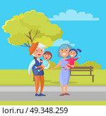 Mature Couple Holding Children Grandpa and Grandma. Mature couple holding children on hand, grandpa in hat and grandma with kids on background of bench and green tree in city park vector illustration. Стоковая иллюстрация, агентство Ingram Publishing / Фотобанк Лори